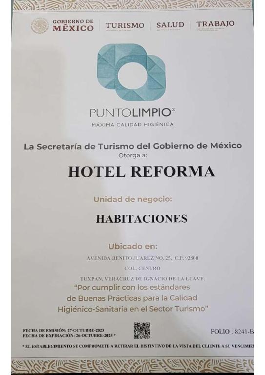 Certifikát, hodnocení, plakát nebo jiný dokument vystavený v ubytování Hotel Reforma Tuxpan