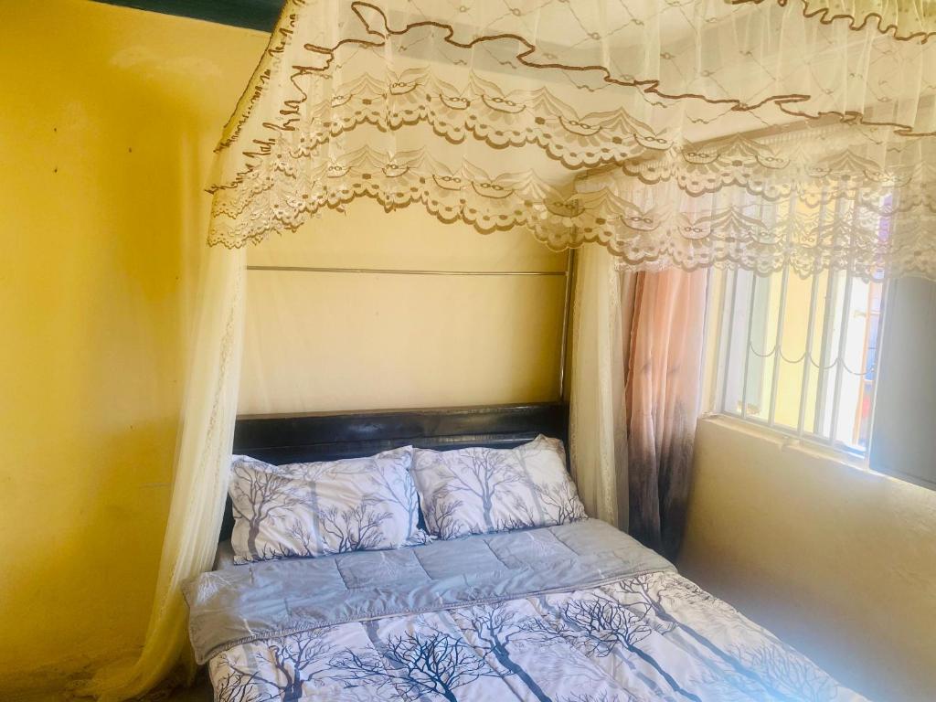 1 dormitorio con cama con dosel y ventana en Luxury studio apartment by Hope en Bushenyi