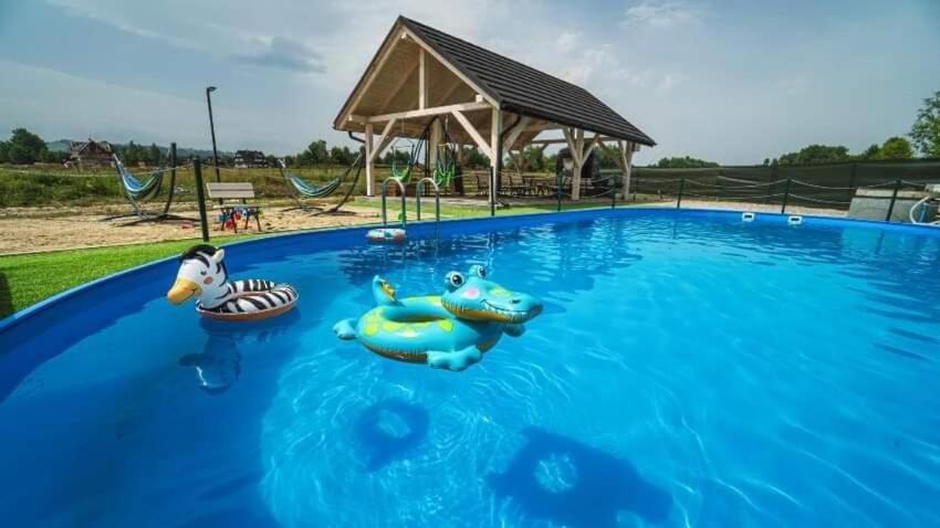 een groot blauw zwembad met twee opblaasbare dieren erin bij Apartament L 313 widok na góry Sun & Snow Resorts BASEN BALIA BAWIALNIA in Białka Tatrzanska
