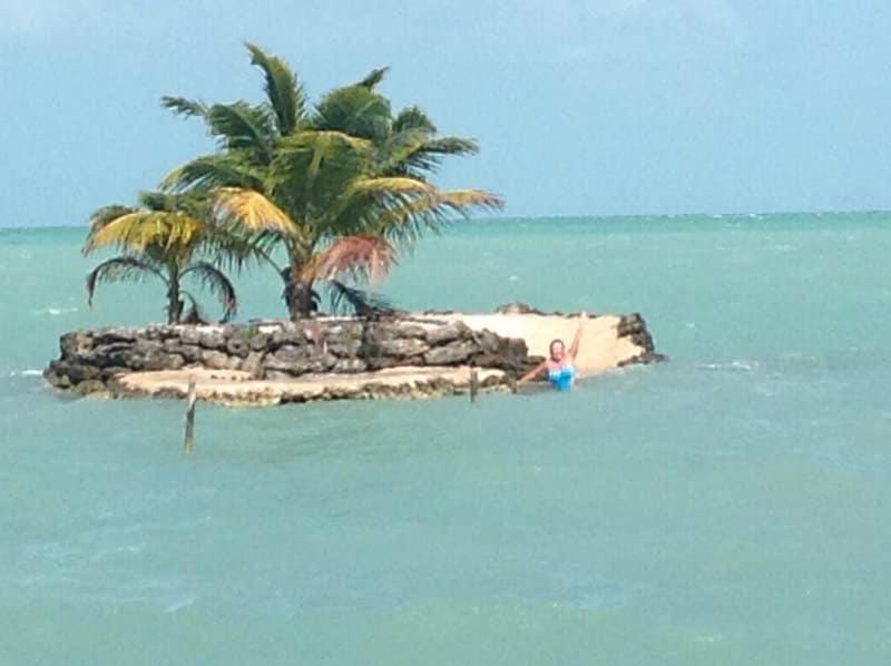 una persona in acqua su un'isola con due palme di Mermaid Manor Belize a White Hill