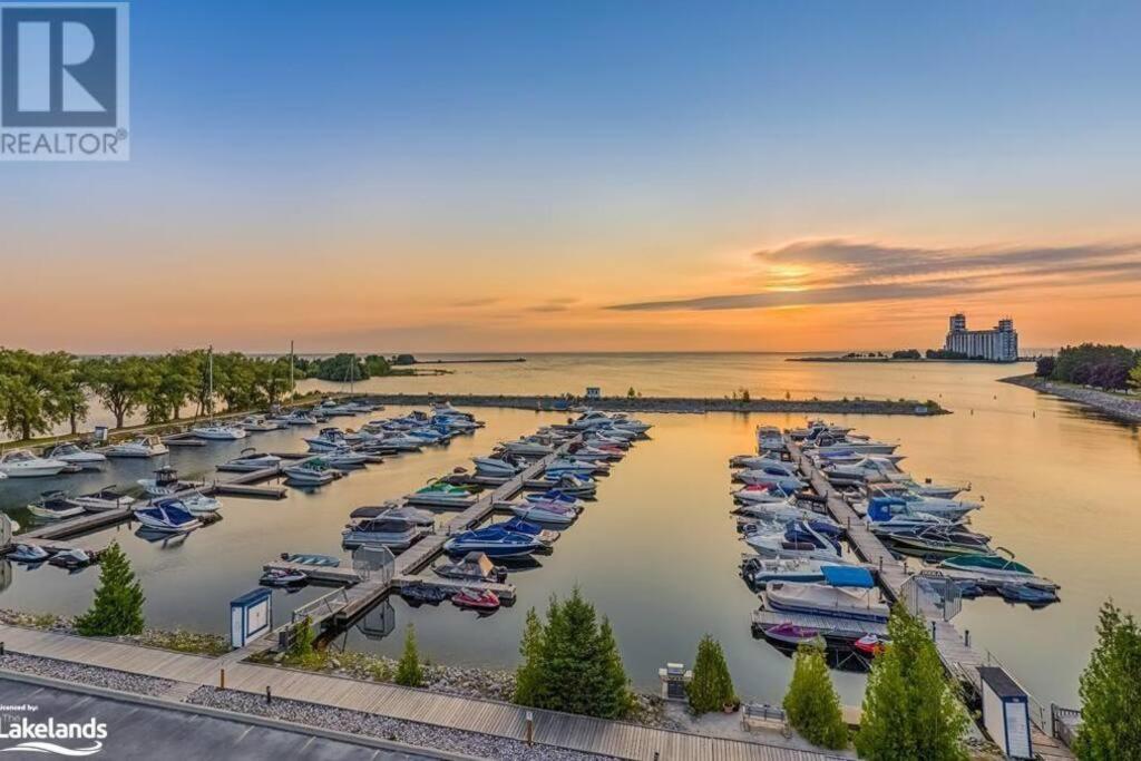 an aerial view of a marina at sunset at Large Luxury Waterfront Penthouse in Collingwood