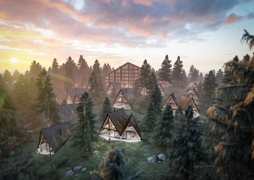 a rendering of a house in a forest with trees at TRIFORÊT alpinresort in Hinterstoder