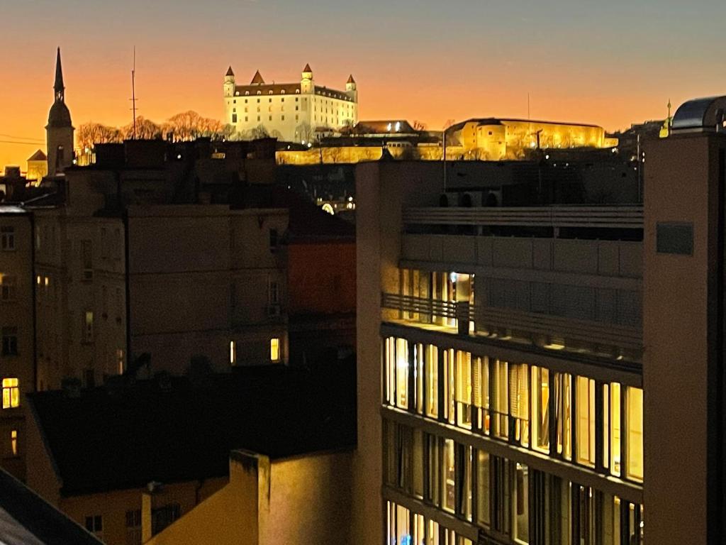 a view of a city skyline at sunset at Old Town Apartment Black in Bratislava