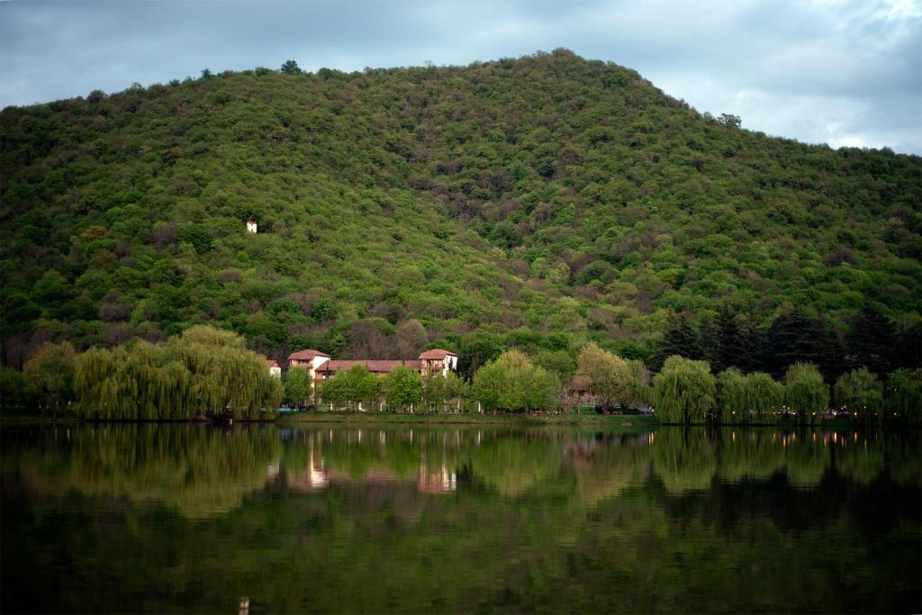 una montaña con una casa a un lado de un lago en Lopota Lake Resort & Spa en Napareuli