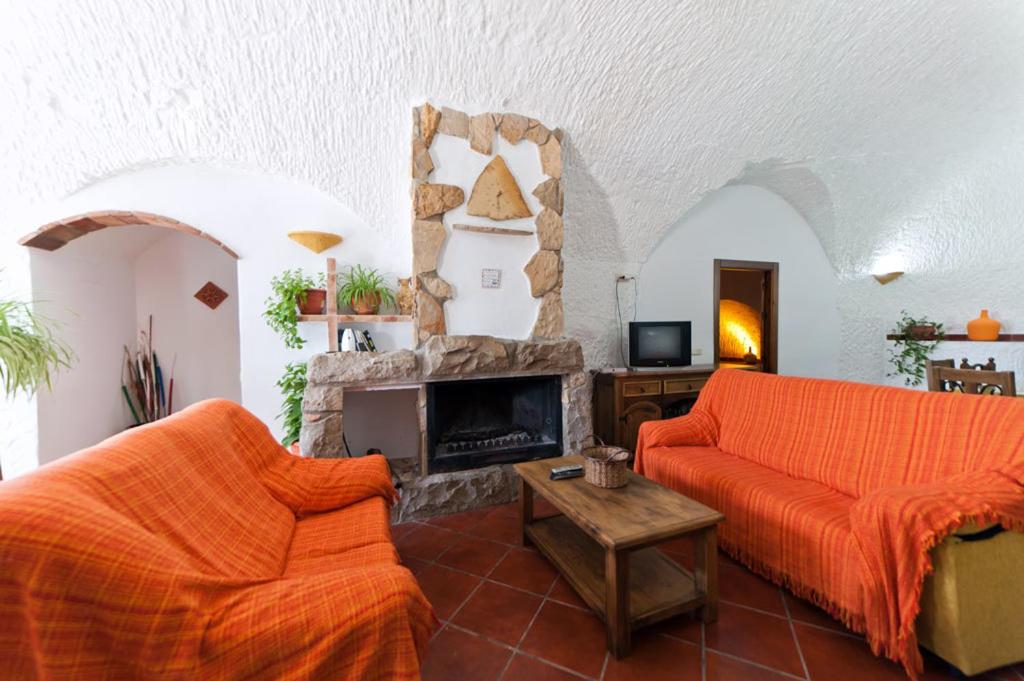 a living room with a couch and a fireplace at Cuevas La Chumbera in Benalúa de Guadix