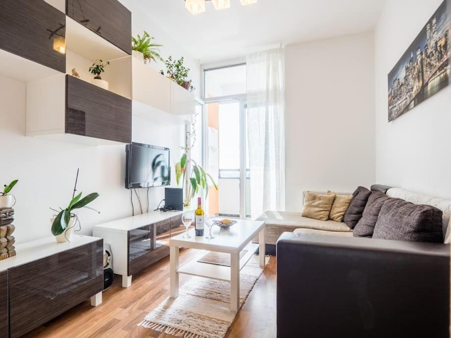 a living room with a couch and a table at Cosy 2 bedroom flat close to the town with parking in Bratislava