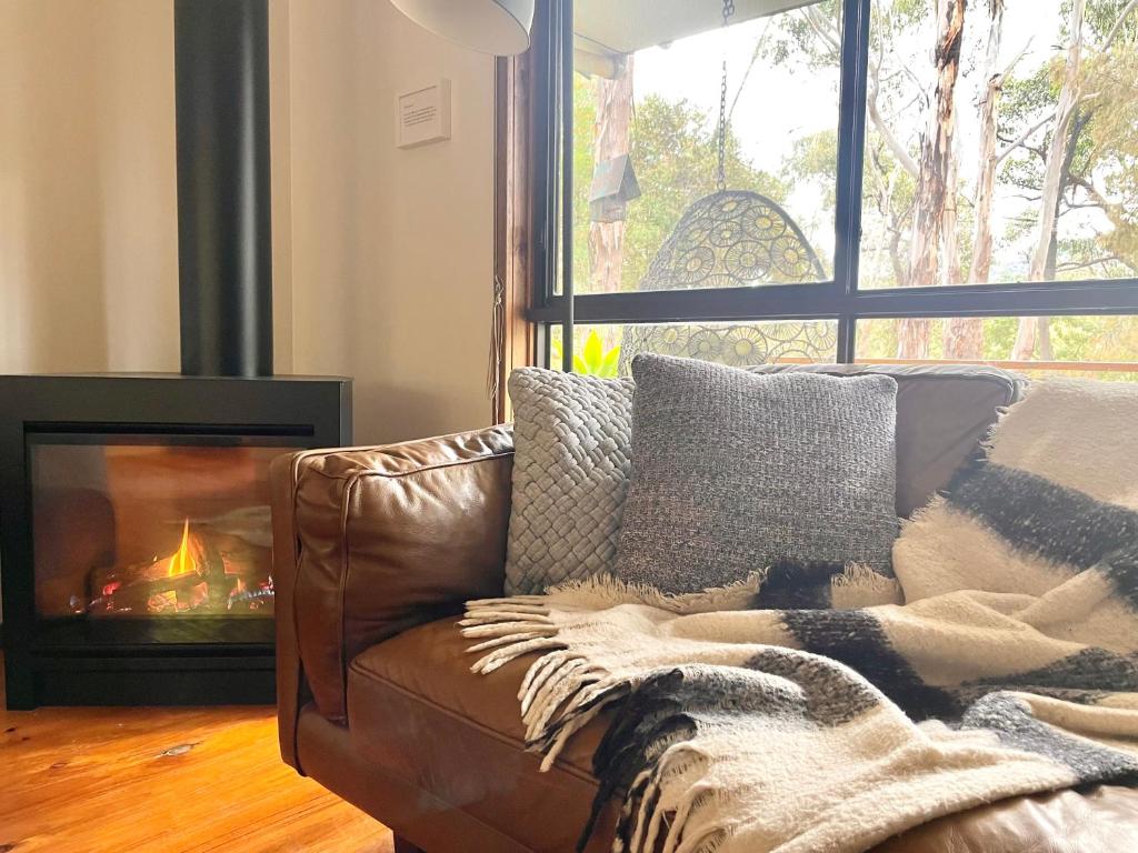 a couch in a living room with a fireplace at The Escarpment in Halls Gap