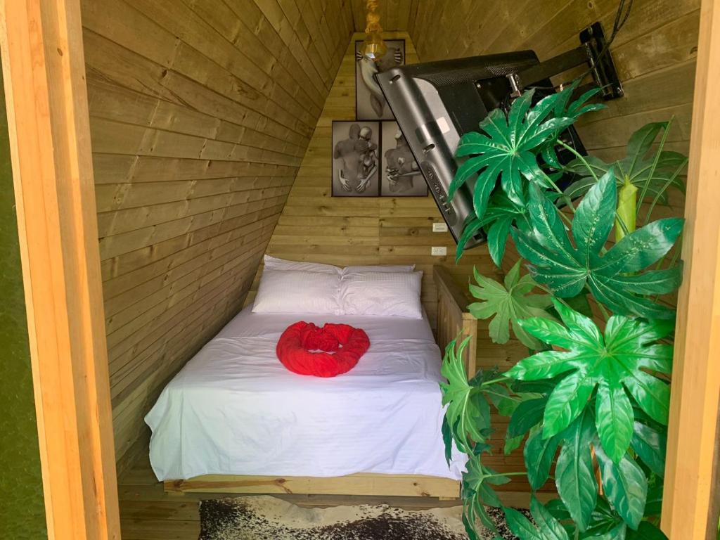 - un petit lit dans une petite pièce ornée de plantes dans l'établissement Chalet El Pinal - Copacabana, à La Estrella
