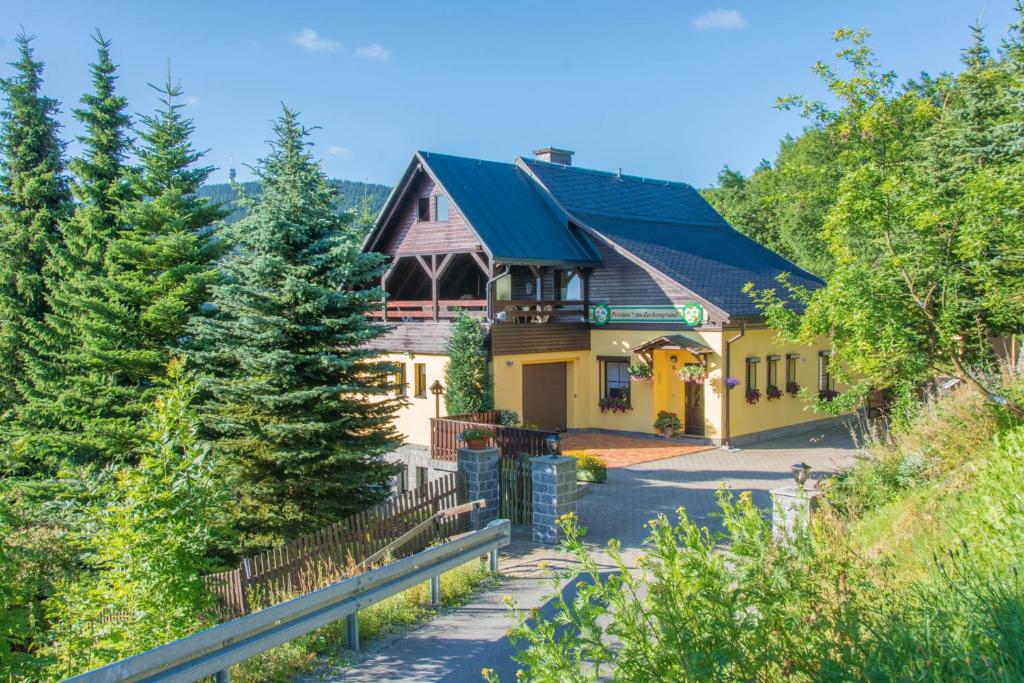 ein gelbes Haus mit grünem Dach in der Unterkunft Pension Am Zechengrund in Kurort Oberwiesenthal