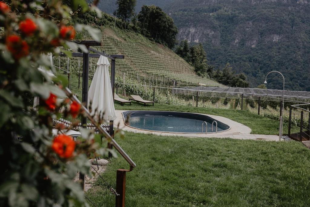 a pool in a field with an umbrella and an umbrella at Engadiner Apartments & Wines in Montagna