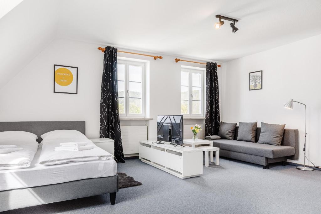 - une chambre avec un lit, un canapé et une télévision dans l'établissement Zentrales charmantes Apartment, à Kulmbach