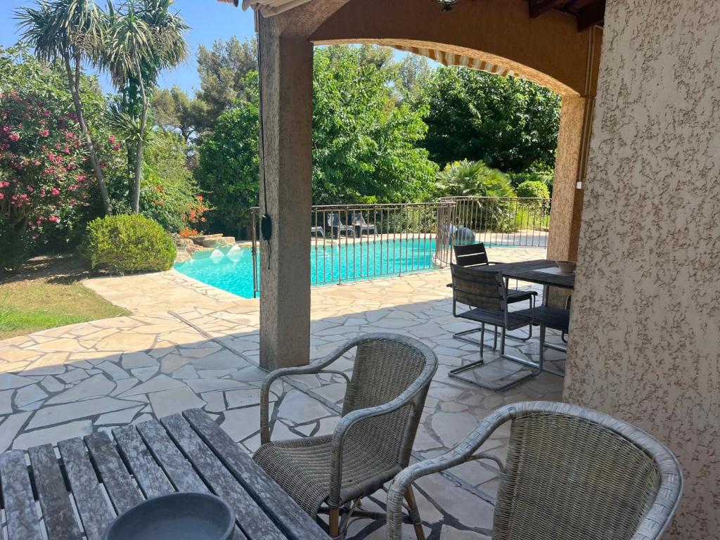 un patio avec une table et des chaises et une piscine dans l'établissement Tlb, à Saint-Cyr-sur-Mer