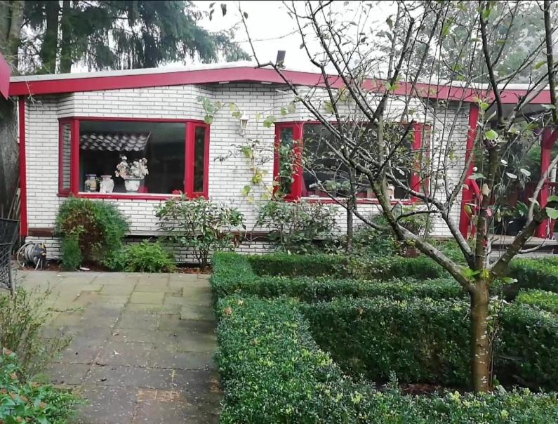 een huis met een rood raam met twee katten erin bij Oase rust en privacy op de Veluwe voor 4 personen in Putten