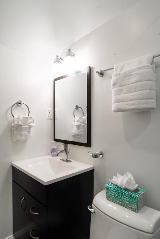 Decompress in the Zen Surroundings of a Cozy Carriage House في واشنطن: حمام مع حوض ومرآة فوق المرحاض