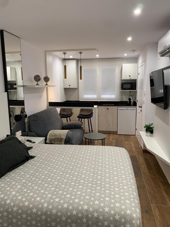 een slaapkamer met een bed, een woonkamer en een keuken bij Apartamentos Lux Carrión in Carrión de los Condes