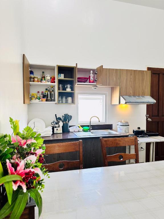 cocina con fregadero y encimera en Feel at Home Gensan Wi-fi Netflix Carport Hot Shower BBQ Grill, en General Santos