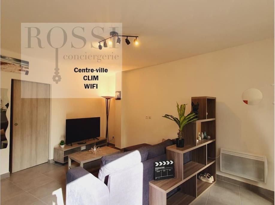 uma sala de estar com um sofá e uma televisão em Ravissant T2 *Clim *WIFI - Centre-ville, 2min Gare - ROSSIconciergerie - Linge inclus em Lunel