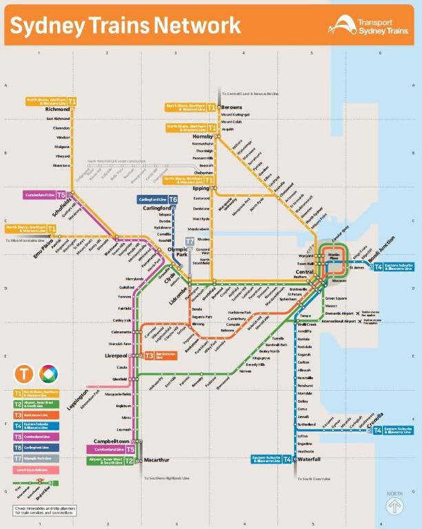 a map of the subway trains network at Boutique Private Rm 7 Min Walk to Sydney Domestic Airport - SHAREHOUSE in Sydney