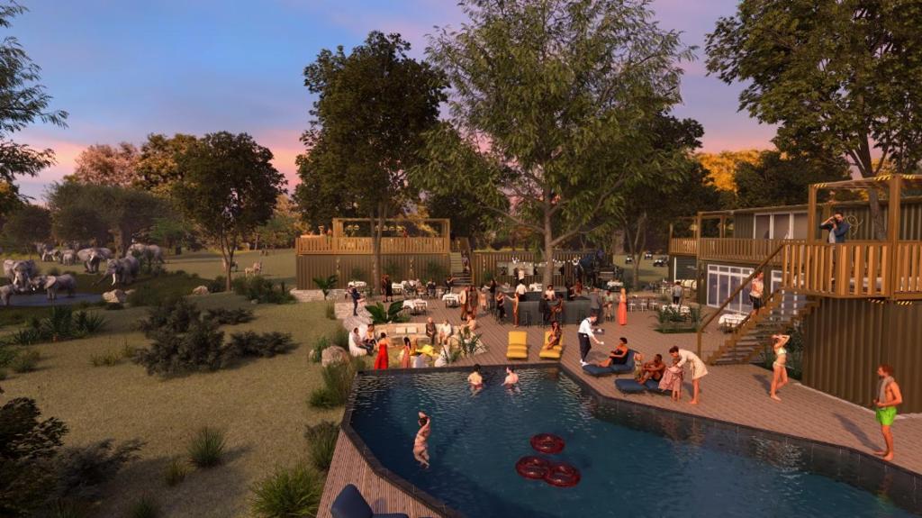 a rendering of a park with people in a pool at Elephant lodge in Kwa Kuchinia