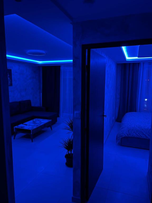 Cette chambre bleue comprend un lit et un canapé. dans l'établissement Apparement Prestige, à Strasbourg