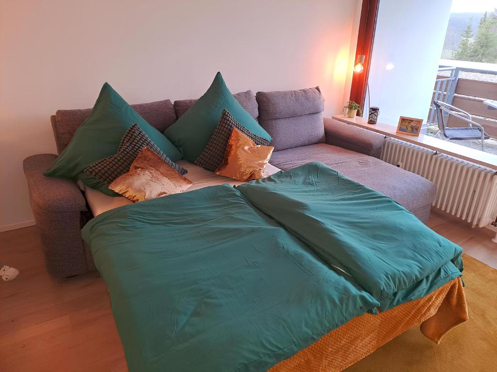 a couch and a bed in a living room at Schwarzwald-Traum mit Pool und Sauna in Unterkirnach