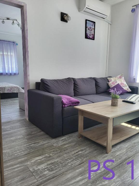 a living room with a couch and a coffee table at Purple StudioS in Veliko Tŭrnovo