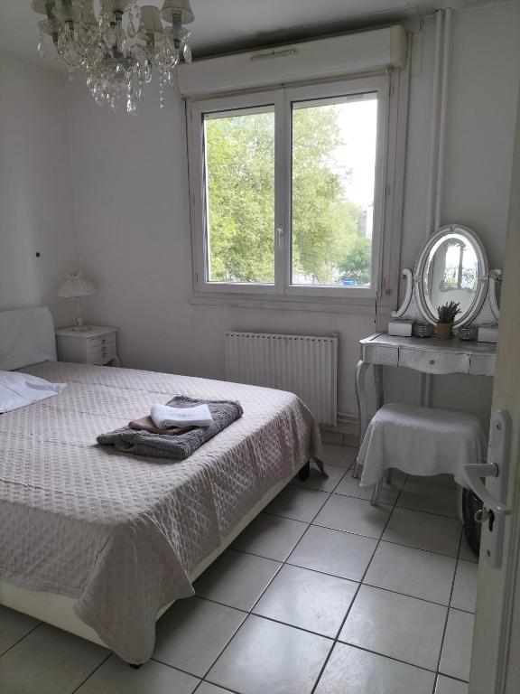 1 dormitorio con cama, espejo y lavamanos en Chambre etoile, en Villeurbanne