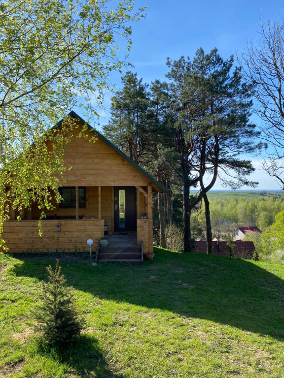 une petite maison en bois sur une colline herbeuse dans l'établissement Polana, à Lipowiec