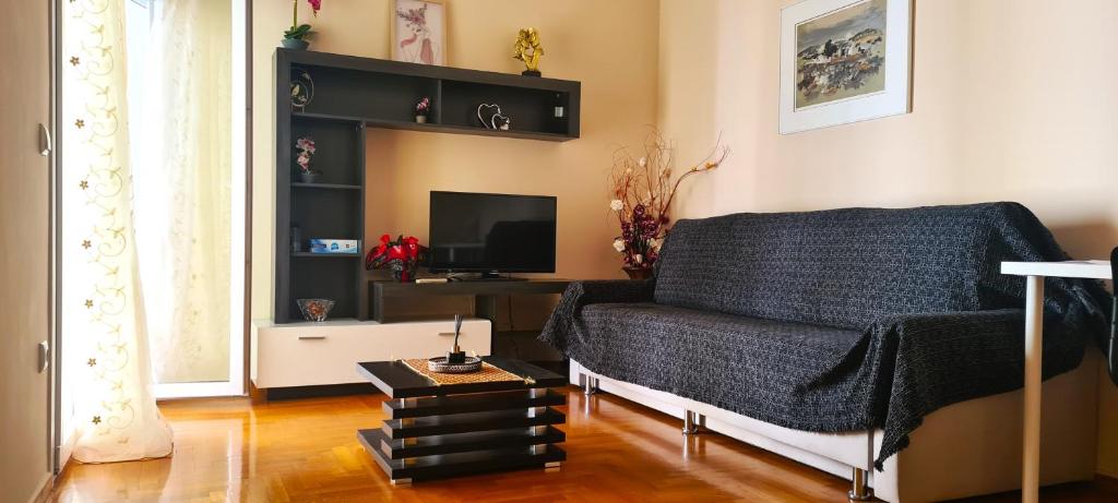 - un salon avec un canapé et une télévision dans l'établissement Comfortable Apartment in Athens Kallithea, à Athènes