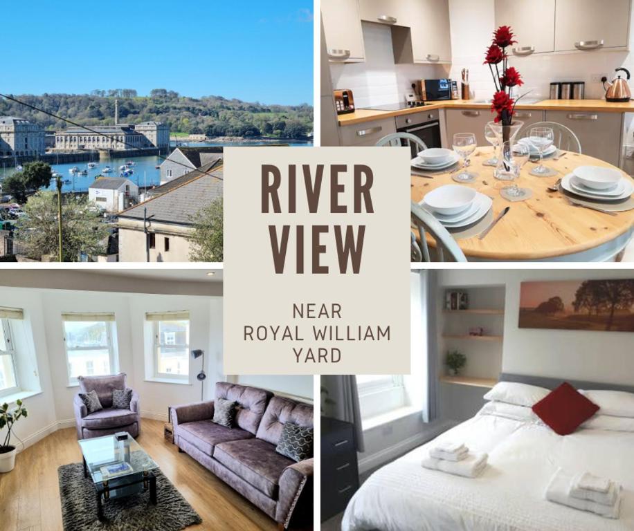a collage of pictures of a kitchen and a living room at River Views, Free Parking, Near Royal William Yard in Plymouth