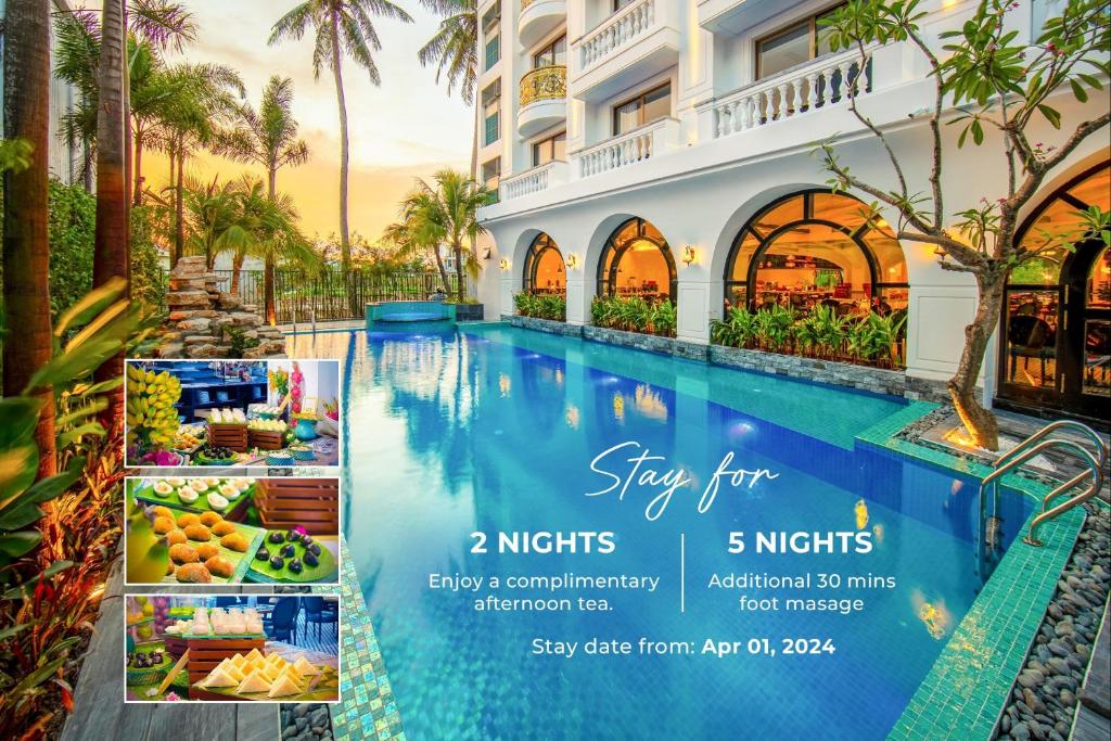 een flyer voor een hotel met een zwembad bij Grand Sunrise Palace Hoi An in Hội An