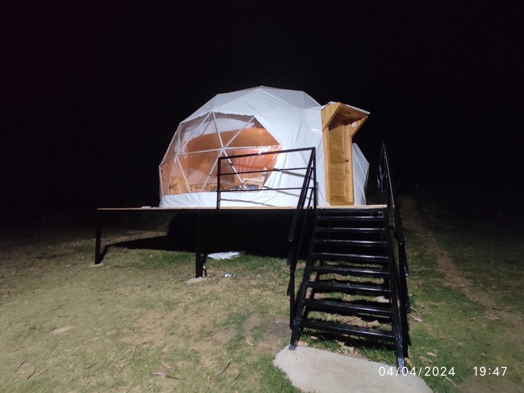 a yurt with a staircase in a field at night at Kodai Glamp in Kodaikānāl