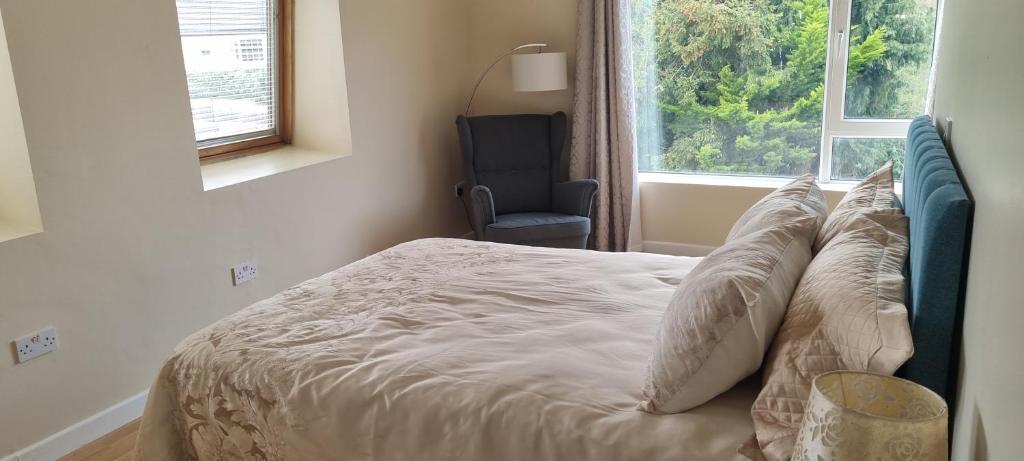 a bedroom with a bed with pillows and a window at Pinewood Lodge in Cork