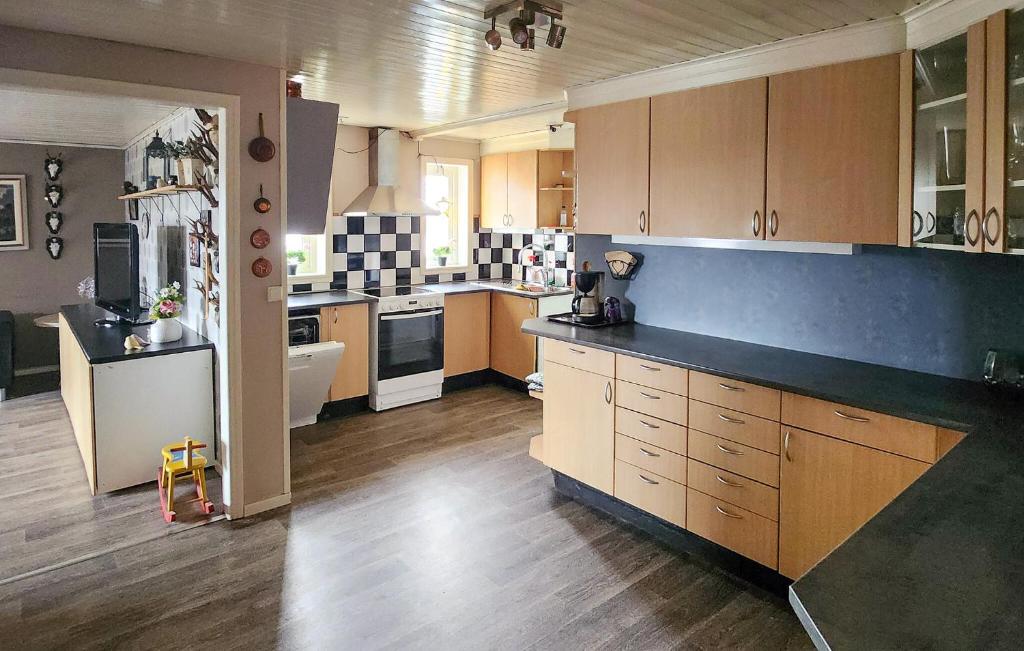 eine große Küche mit Holzschränken und einer großen Arbeitsplatte in der Unterkunft Pet Friendly Home In Borgholm With Wifi in Borgholm
