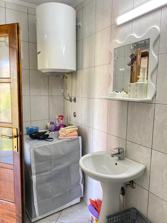 W łazience znajduje się umywalka i lustro. w obiekcie Apartman Konatar w mieście Cetynia