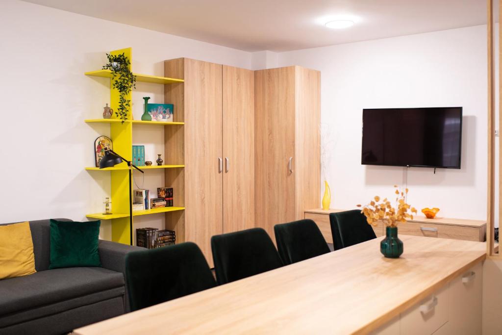 a conference room with a table and chairs and a tv at Aria Sophia in Cluj-Napoca