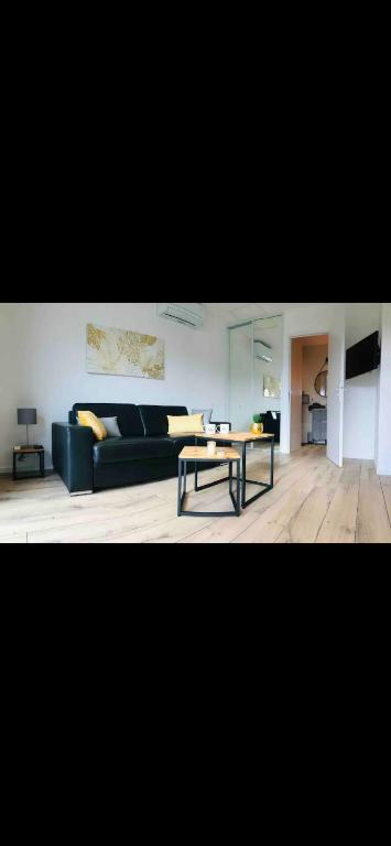 un salon avec un canapé et une table dans l'établissement Studio cosy dans l’Esterel proche Mer, à St Jean de l’Esterel