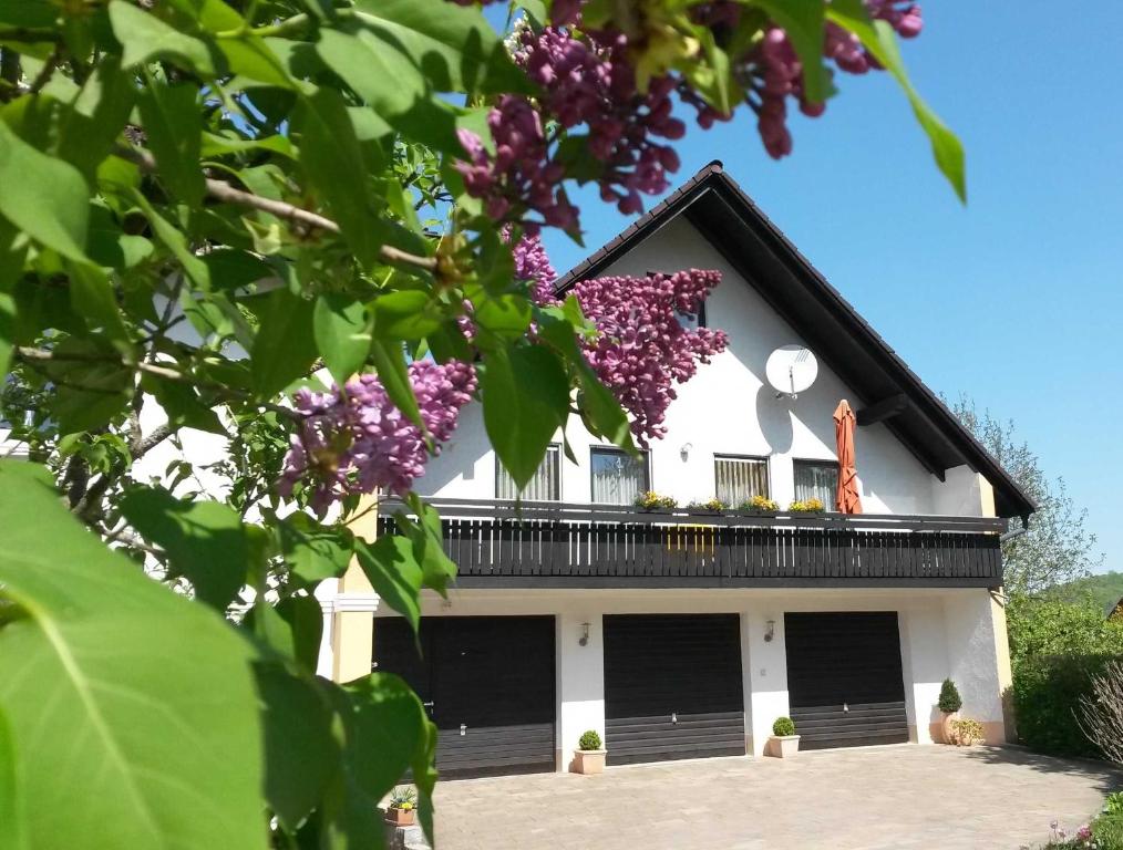 a white house with a balcony with purple flowers at Haus Christof in Burggaillenreuth