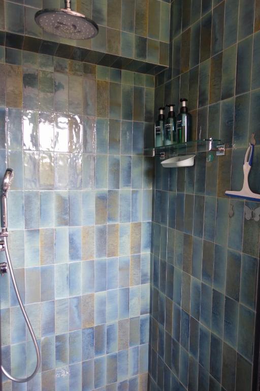 a bathroom with a shower with blue and brown tiles at Les jardins de Bandol, piscine et mer in Bandol