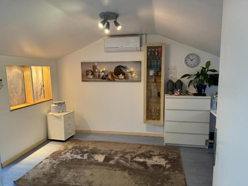 uma cozinha com uma ventoinha de tecto e um frigorífico em Maison d'hôte Soisy em Soisy-sur-Seine