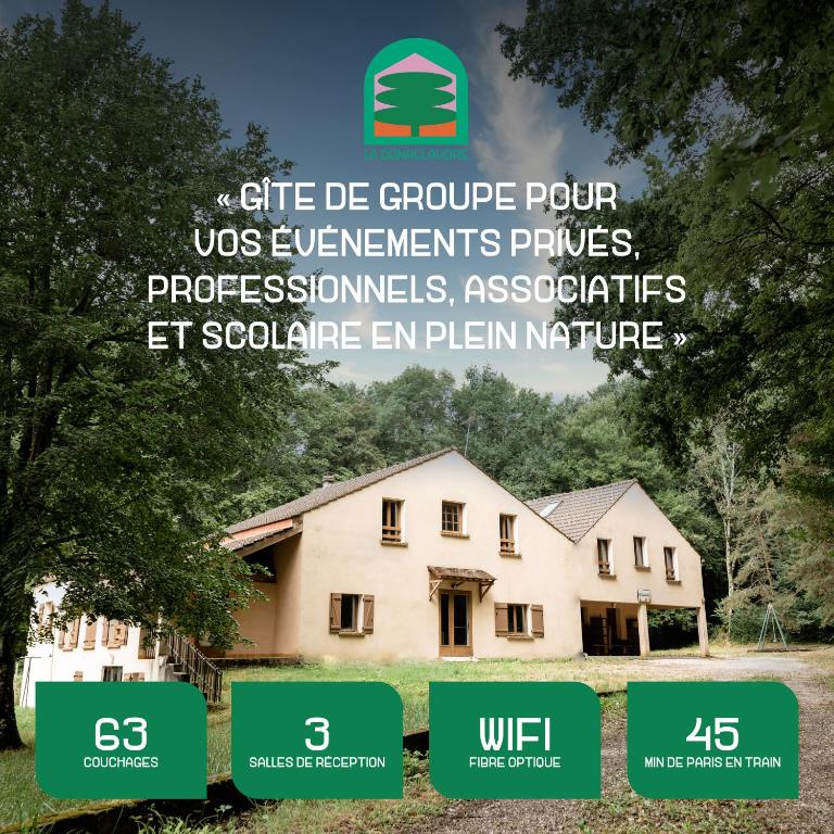 une affiche d'une maison avec les mots don de groupure four utilise ses améliorations dans l'établissement La Donaclaudré - Hébergement de groupe en pleine nature, idéal pour tous vos séjours ! 63 couchages - 2 grandes salles - Salle de jeux - Cuisine professionnelle - Accessible facilement - Localisation attractive -Proche Paris & Disney, à Saint-Augustin