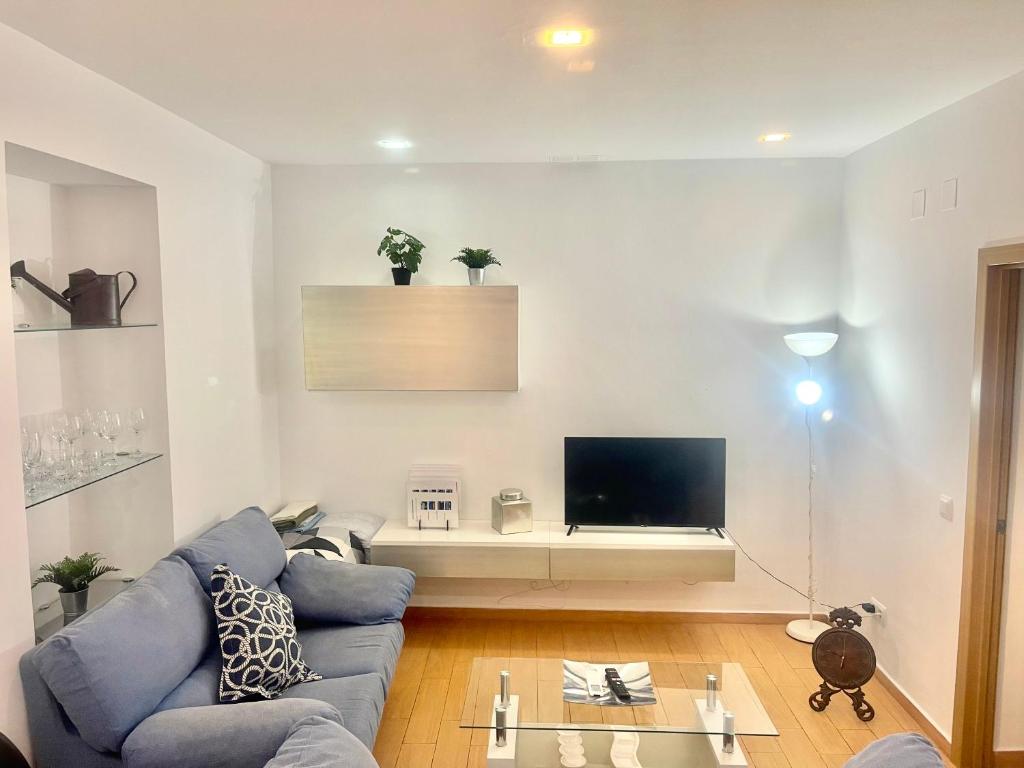 salon z niebieską kanapą i telewizorem w obiekcie CASITA ANDALUZA CENTRO con PARKING sujeto a disponibilidad w Maladze