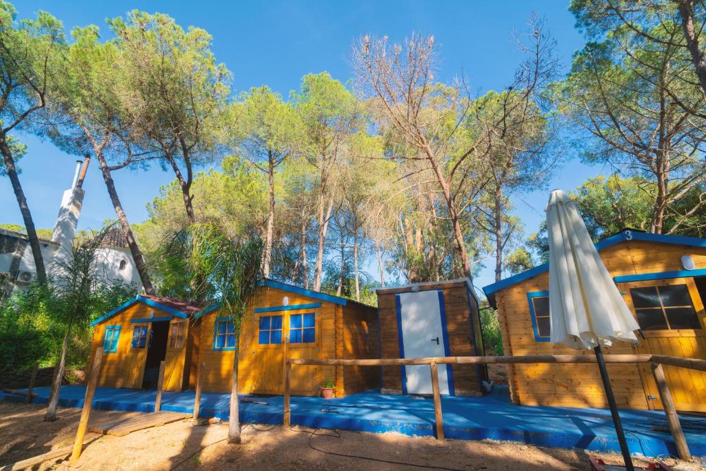 une maison en bois avec un parasol dans l'établissement ZALUAY - Habitaciones de madera, à Isla Cristina