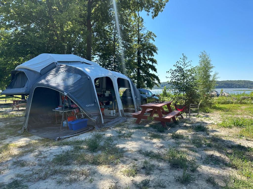 - une tente et une table de pique-nique dans un champ dans l'établissement KAYAK STARVED ROCK CAMPGROUND, à Ottawa