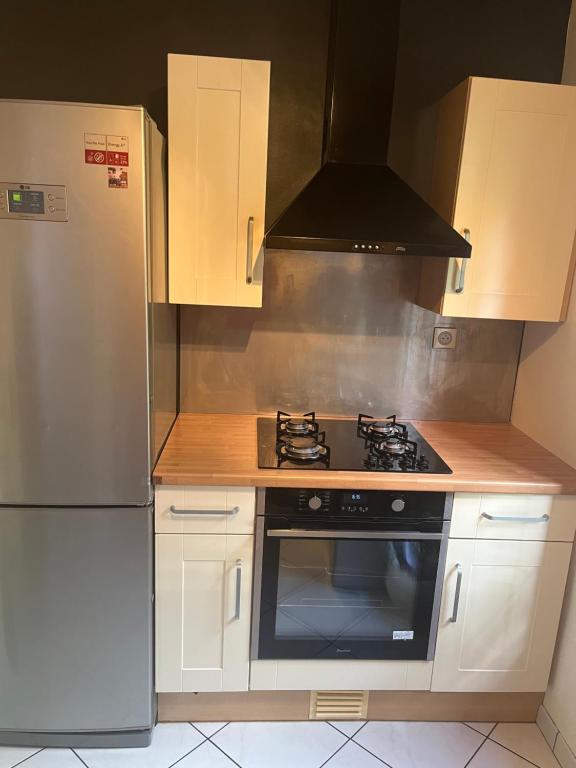 une cuisine avec une cuisinière et un réfrigérateur dans l'établissement La roseraie, à Thiais