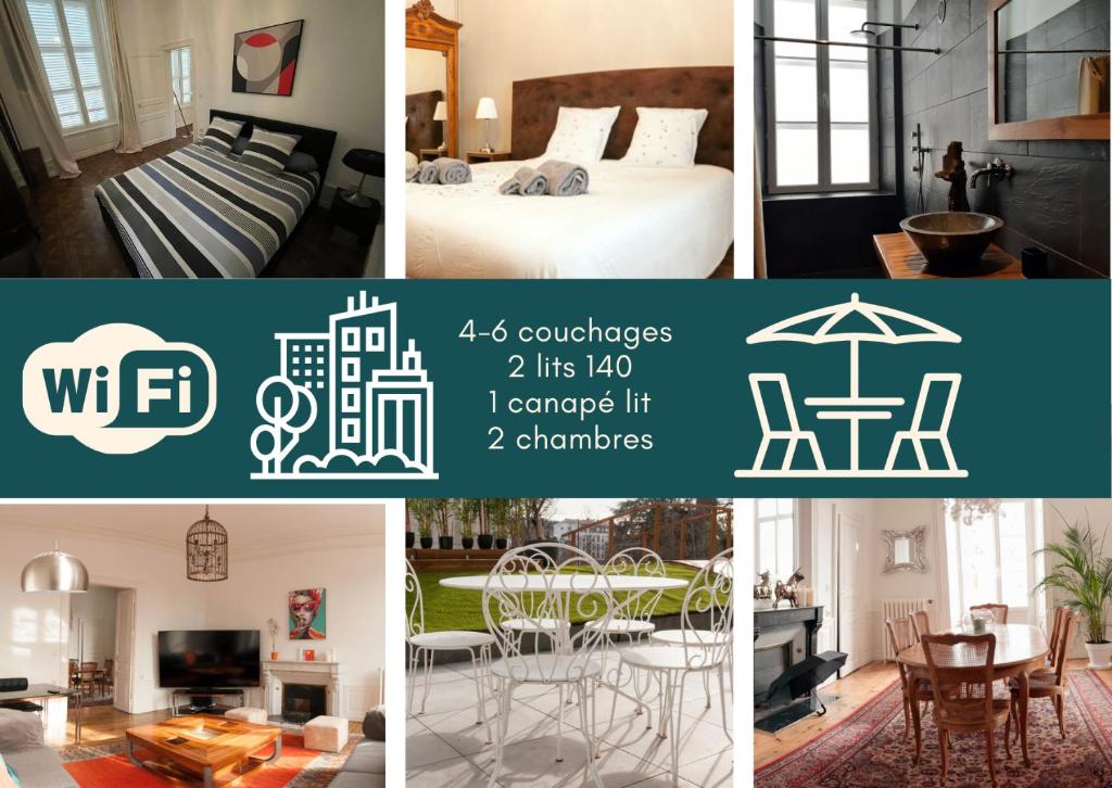 un collage de cuatro fotos de una habitación de hotel en Centre-ville Aurillac 117m2 - Grande terrasse - 2 chambres - 2 grand lits - 1 canapé lit, en Aurillac
