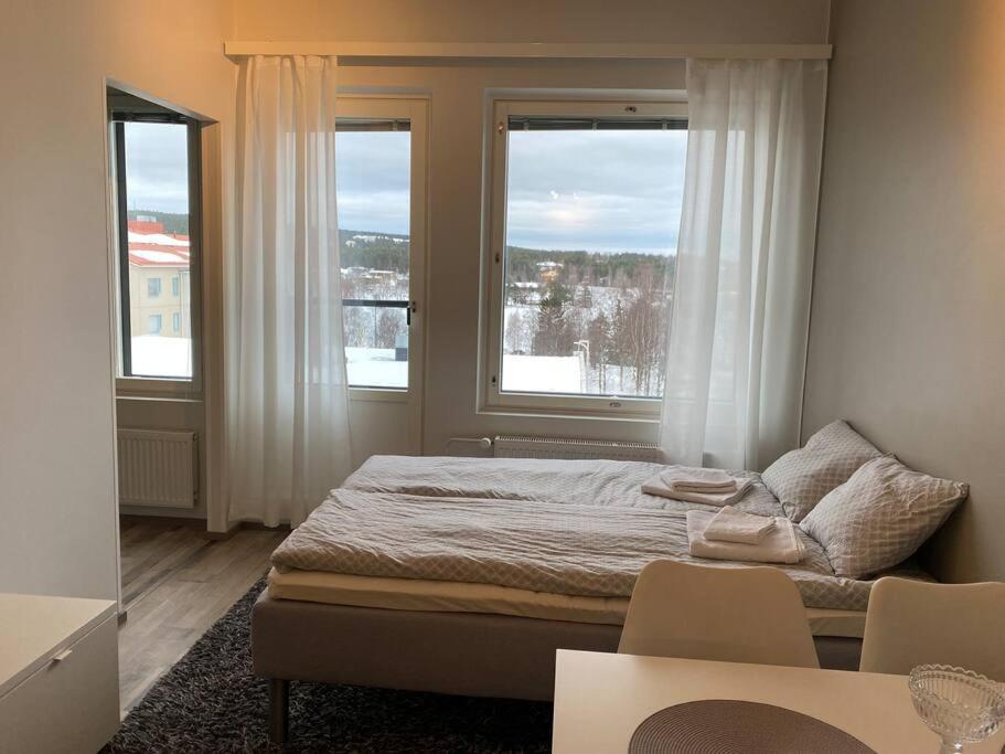 1 dormitorio con 1 cama y 2 ventanas en Top Floor City Apartment, en Rovaniemi