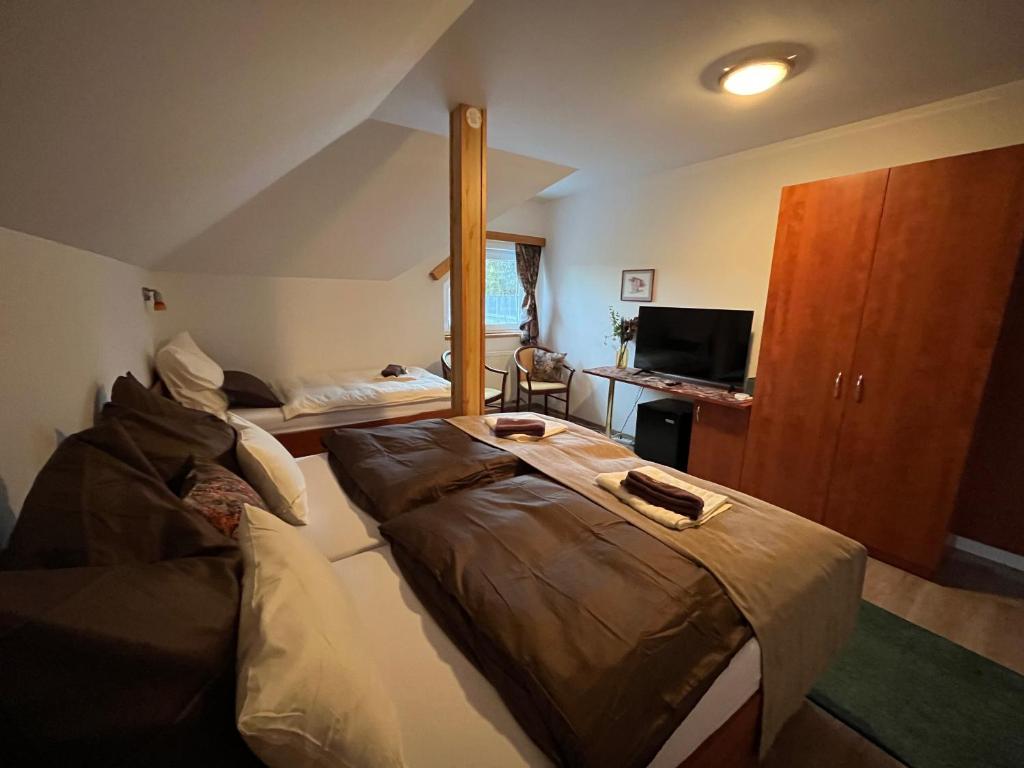 een slaapkamer met een groot bed en een televisie bij Restaurace Staré Sedlo in Orlík