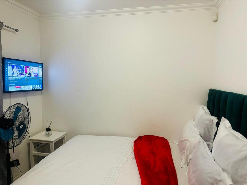 1 dormitorio con 1 cama y TV en la pared en Delight double bedroom in Mowbray, en Ciudad del Cabo