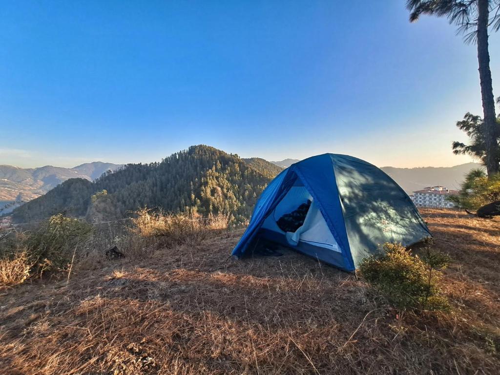 a blue tent sitting on top of a hill at HILL WOOD CAMP in Shimla